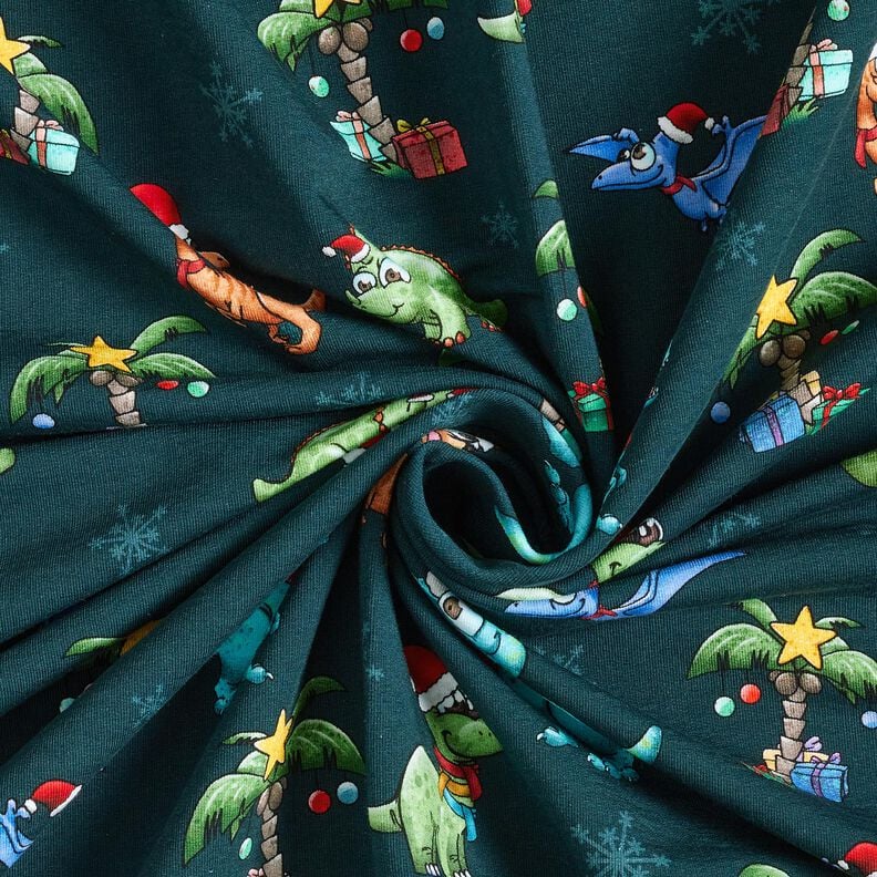 French Terry Sweat d’été Dinosaures de Noël sous les palmiers | Glitzerpüppi – pétrole/vert clair, image number 3