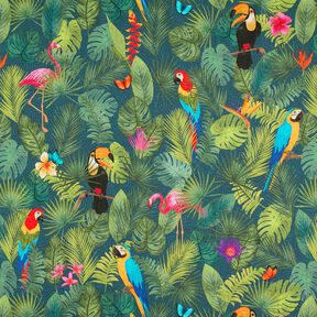 Tissu de décoration Semi-panama Oiseaux tropicaux – vert foncé/rouge, 