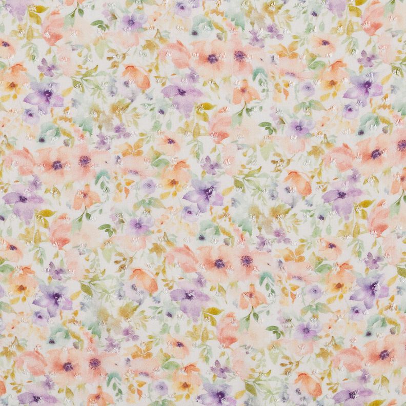 Tissu viscose Dobby Mer de fleurs aquarelle impression numérique – ivoire/lavande,  image number 1