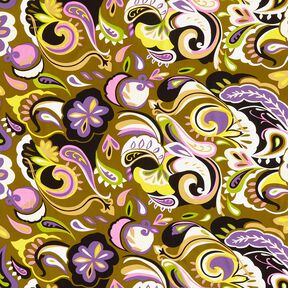 Tissu viscose Fleurs rétro – olive/lilas, 