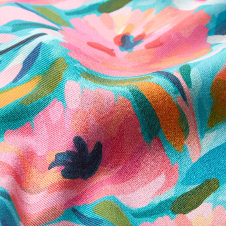 Tissu de décoration Sergé coton Fleurs peintes – rose/turquoise,  image number 2