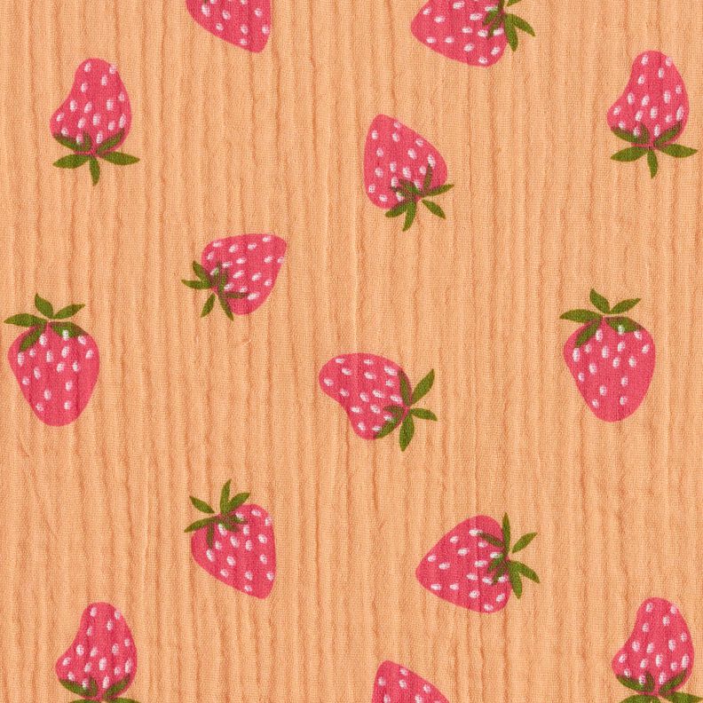 Tissu double gaze de coton Fraises – abricot,  image number 1