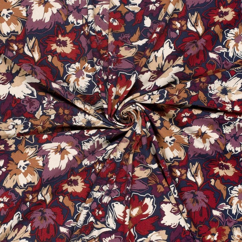 Jersey viscose fleurs expressives – bleu marine/lilas rouge,  image number 3
