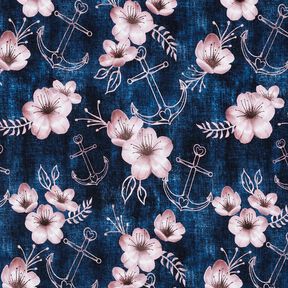 Jersey coton Fleurs et ancres | Glitzerpüppi – bleu nuit/vieux rose clair, 
