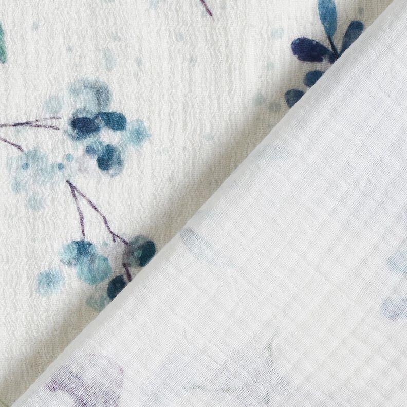 Tissu double gaze de coton Aquarelle branches d'eucalyptus – écru/bleu aqua,  image number 4