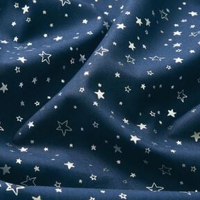 Tissu en coton Popeline Imprimé feuille Étoile de Noël – bleu nuit/argent métallisé, 