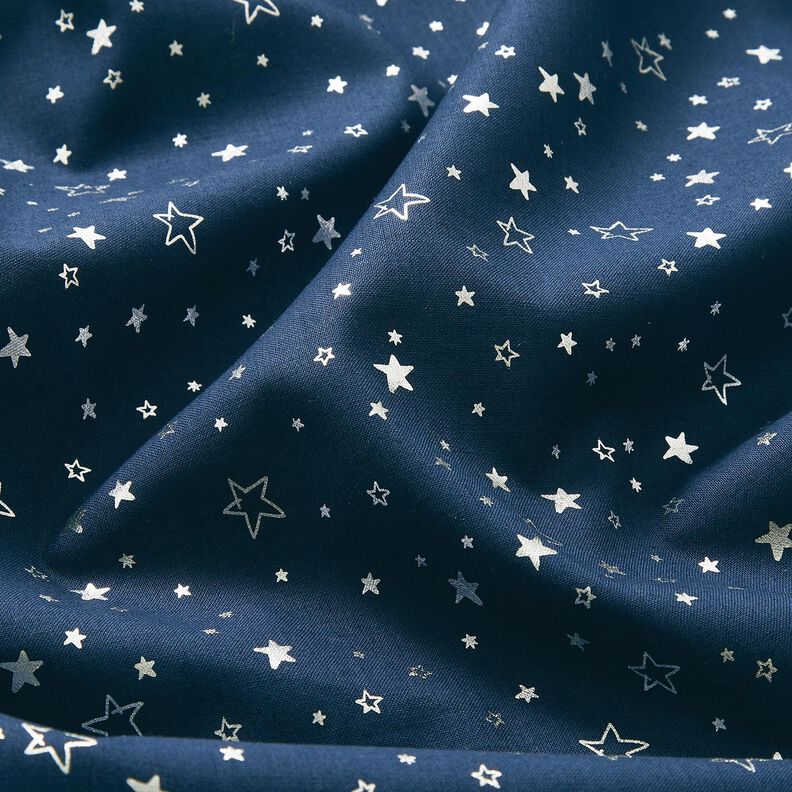 Tissu en coton Popeline Imprimé feuille Étoile de Noël – bleu nuit/argent métallisé,  image number 2