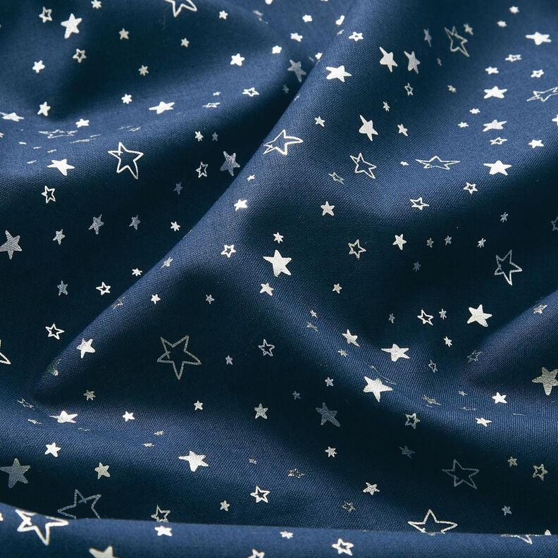 Tissu en coton Popeline Imprimé feuille Étoile de Noël – bleu nuit/argent métallisé, image number 2