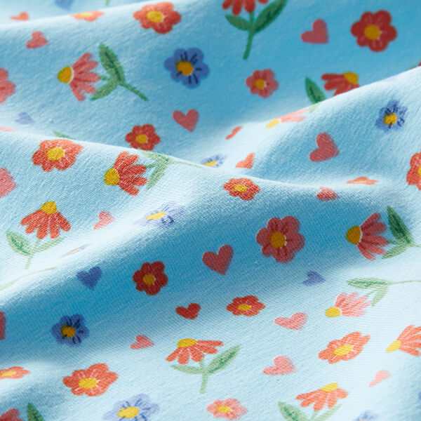 Jersey coton Prairie fleurie et cœurs – bleu clair,  image number 2