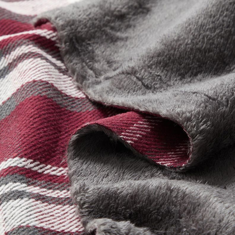 Tissu de manteau à carreaux avec envers fourrure – rouge bordeaux/gris schiste,  image number 5
