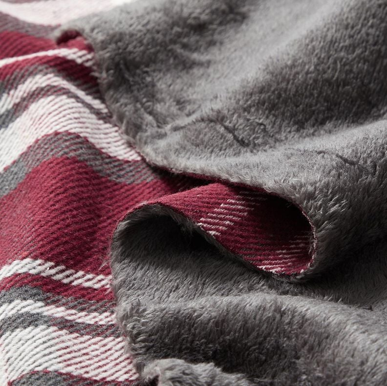 Tissu de manteau à carreaux avec envers fourrure – rouge bordeaux/gris schiste, image number 5
