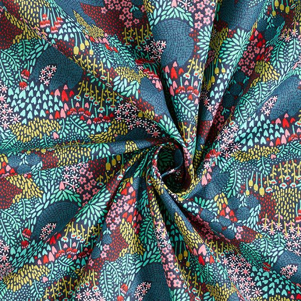 Tissu en coton cretonne oiseaux dans un champ de fleurs – bleu nuit – Échantillon,  image number 3