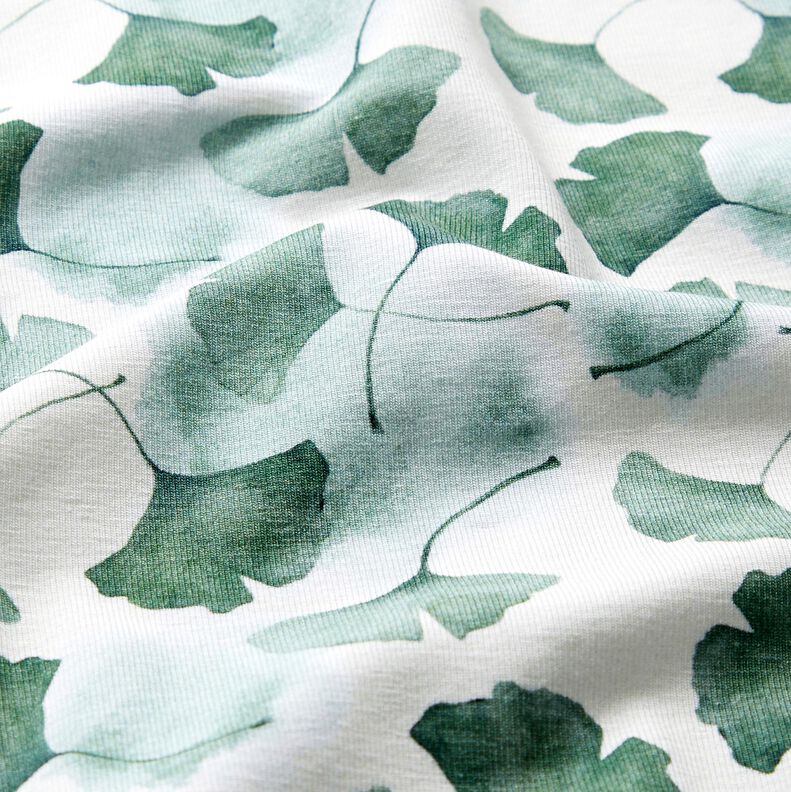GOTS Jersey coton Impression numérique de ginkgo – blanc/eucalyptus,  image number 2