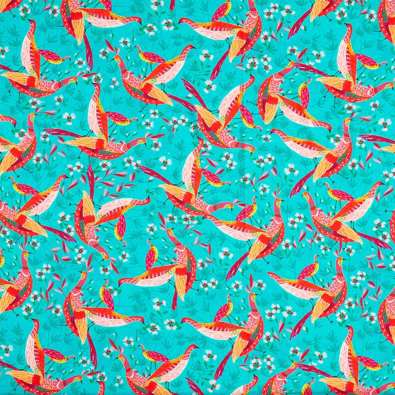 Beachwear tissu viscose paons et fleurs – bleu aqua/rose intense,  image number 1