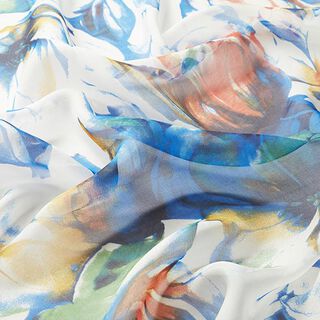 Mousseline de soie fleurs expressives – blanc/bleu, 