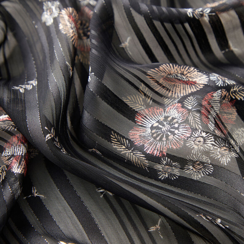 Mousseline avec rayures de satin et métallisées Fleurs – noir/blanc,  image number 3