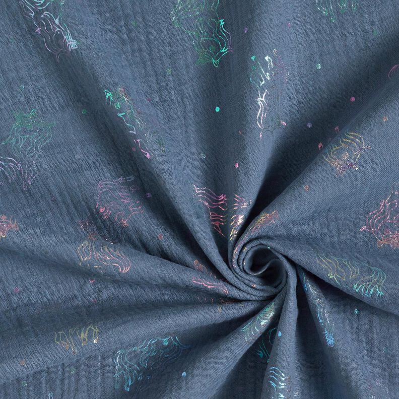 Tissu double gaze de coton Licornes Imprimé feuille – gris bleu,  image number 4