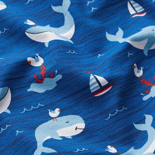 Jersey coton Baleines, bateaux et mouettes – bleu, 