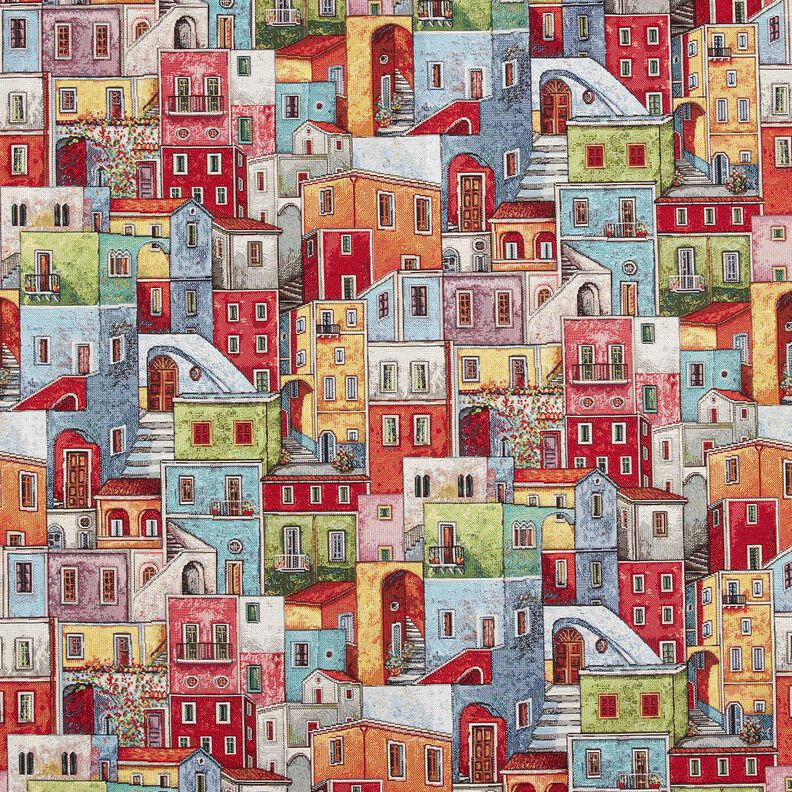 Tissu de décoration Gobelin Petite ville colorée – carmin/bleu,  image number 1