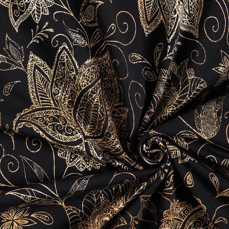 Jersey coton fleurs de mandala dorées | Glitzerpüppi – noir/or,  image number 3