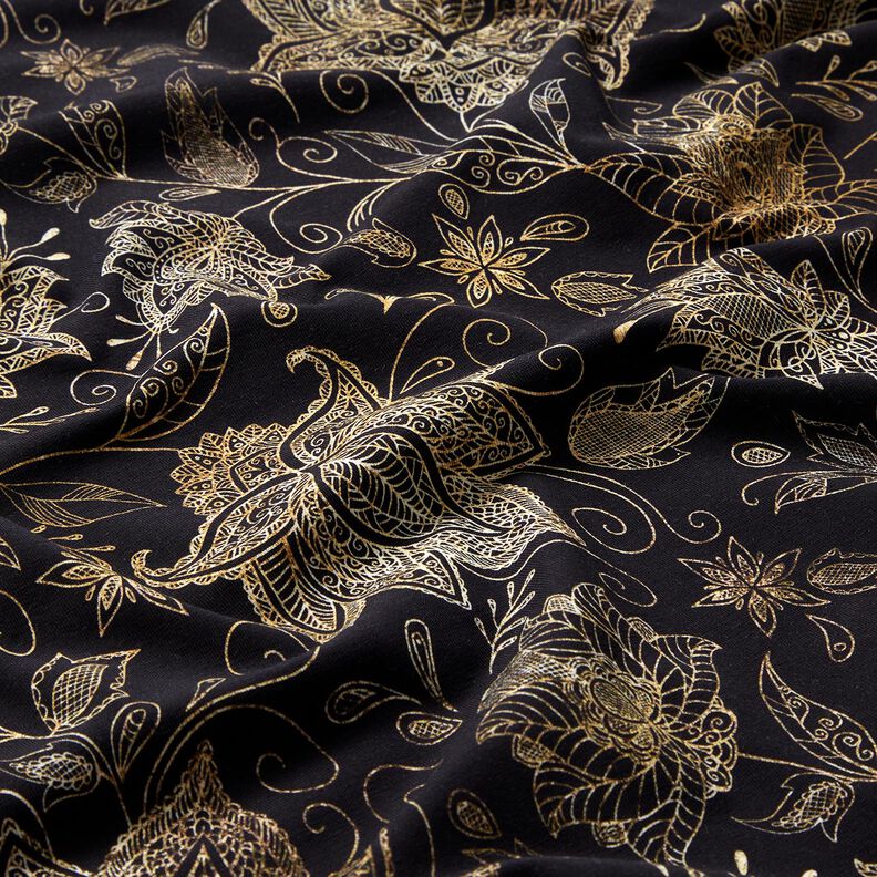 Jersey coton fleurs de mandala dorées | Glitzerpüppi – noir/or, image number 2