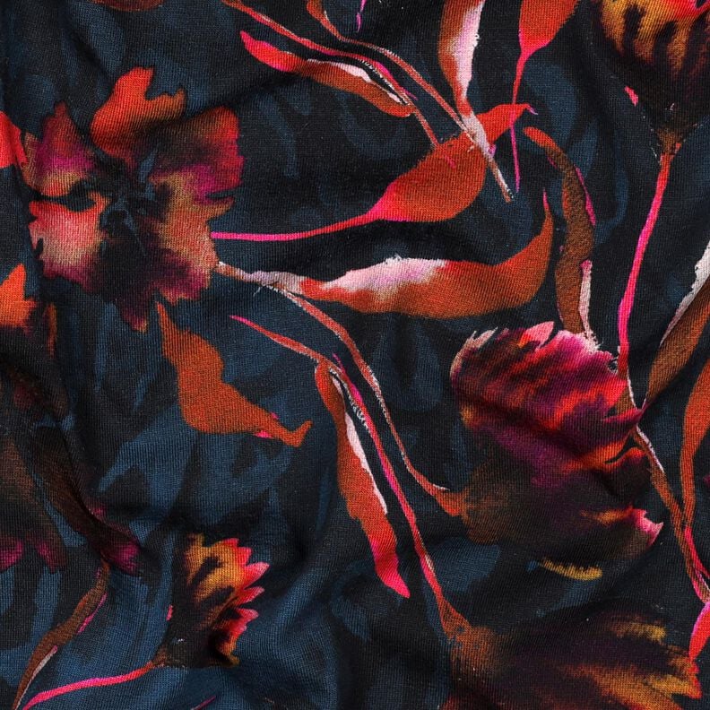 Jersey coton fleurs expressives Impression numérique – bleu nuit/raisin,  image number 2