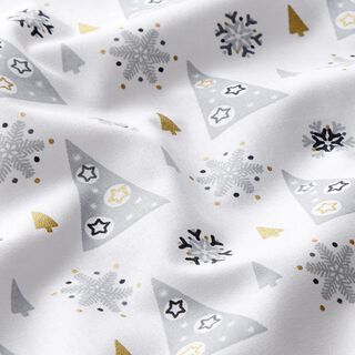 Tissu en coton Cretonne sapins de Noël décorés – blanc/or, 