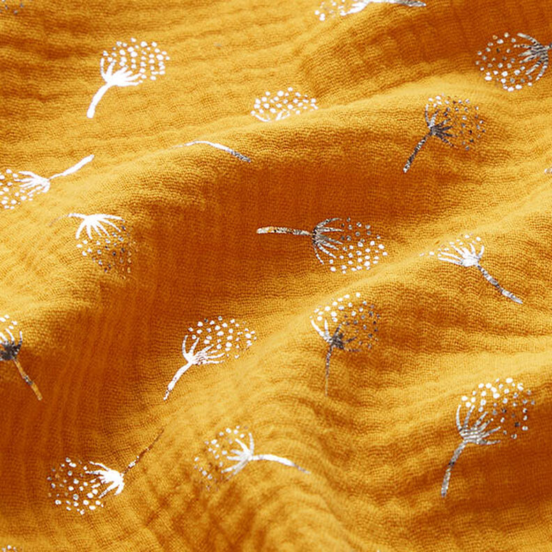 Tissu double gaze de coton Fleurs de pissenlit en paillettes – moutarde/argent,  image number 2