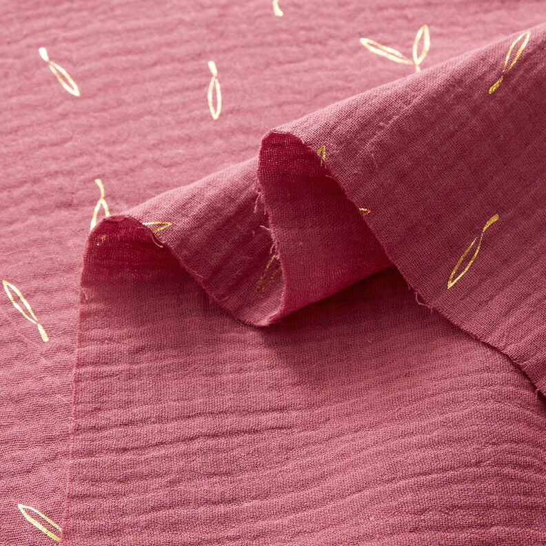 Tissu double gaze de coton Imprimé feuille Feuilles – framboise/or,  image number 3