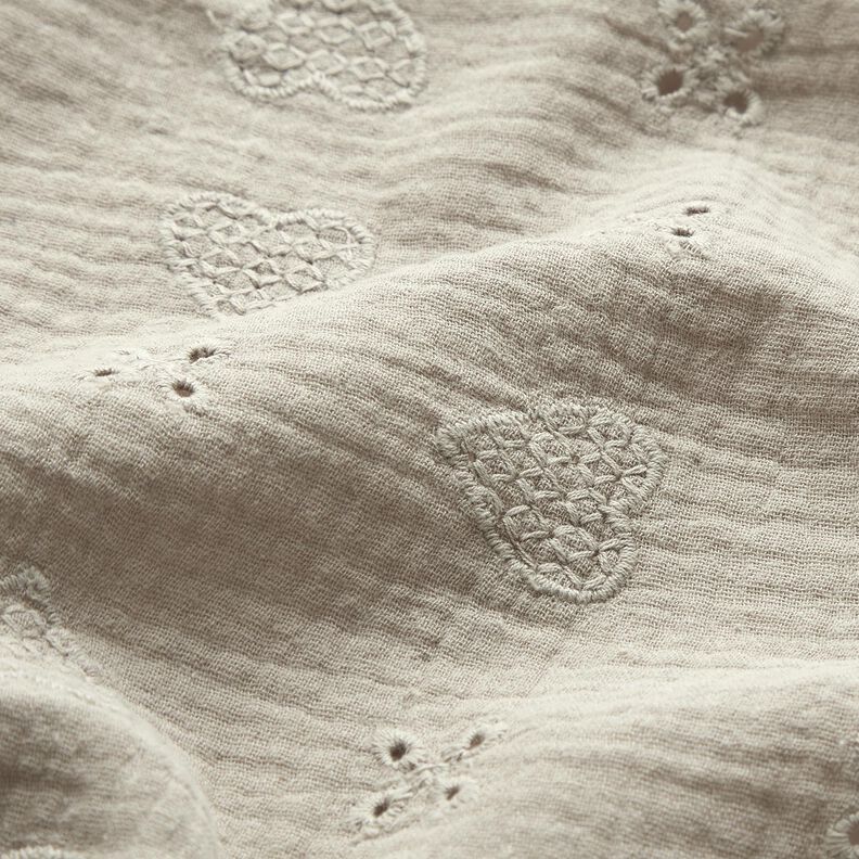 Tissu double gaze de coton Dentelle brodée Cœurs – gris soie,  image number 2