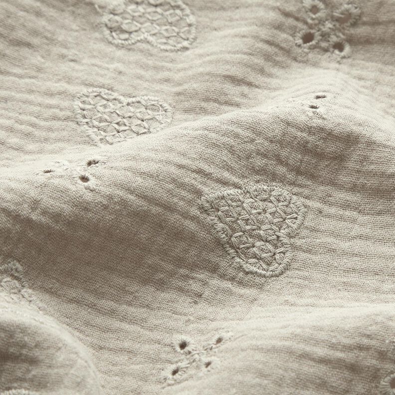 Tissu double gaze de coton Dentelle brodée Cœurs – gris soie, image number 2