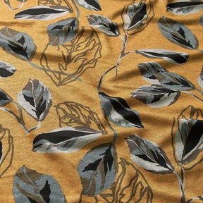 Jersey viscose grandes feuilles d'automne – jaune curry/gris schiste, 
