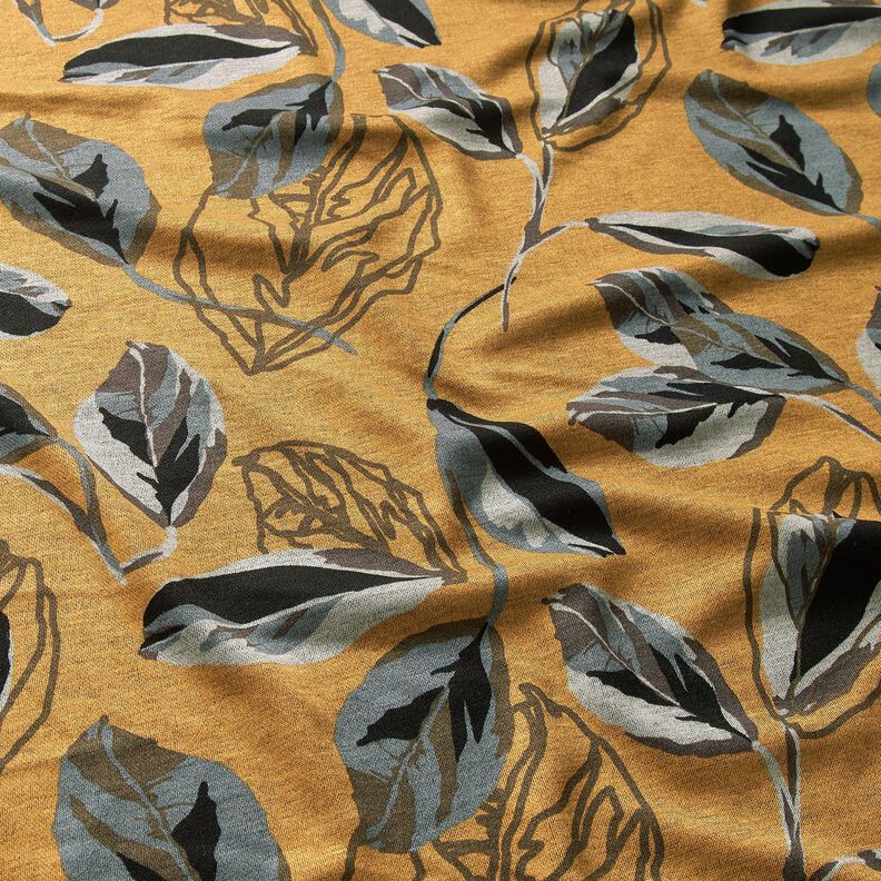Jersey viscose grandes feuilles d'automne – jaune curry/gris schiste, image number 2