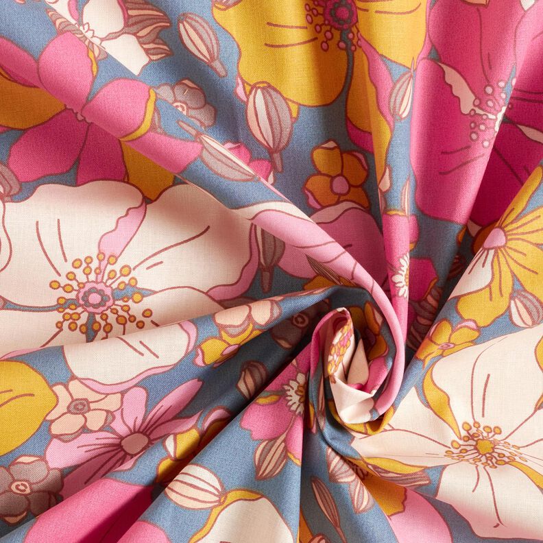Tissu en coton Cretonne Grands motifs de fleurs – gris bleu/rose vif, image number 3