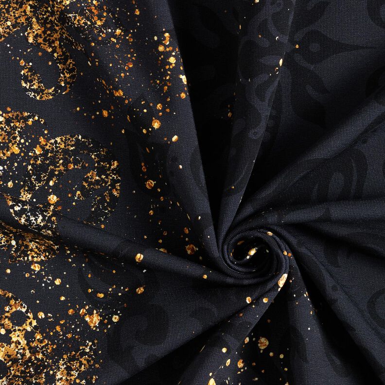 French Terry Sweat d’été Tissu bordure ornements dorés | Glitzerpüppi – noir/or ancien,  image number 3