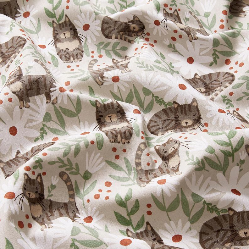 Tissu en coton Cretonne Chats dans la prairie fleurie – argent,  image number 2