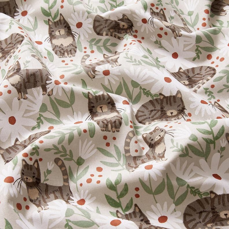 Tissu en coton Cretonne Chats dans la prairie fleurie – argent, image number 2