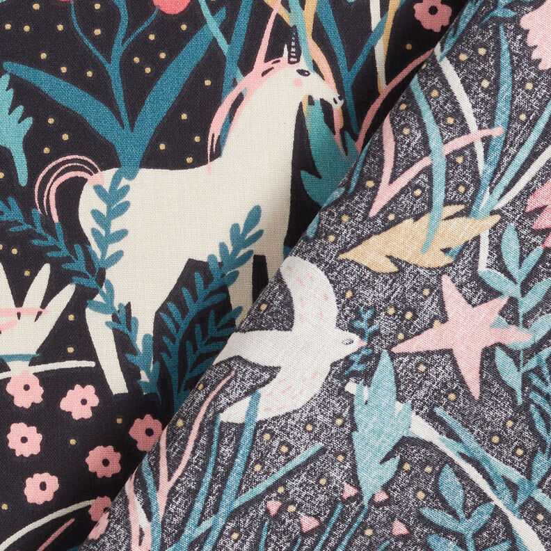 Popeline coton Licorne dans une forêt des contes de fées – noir, image number 5
