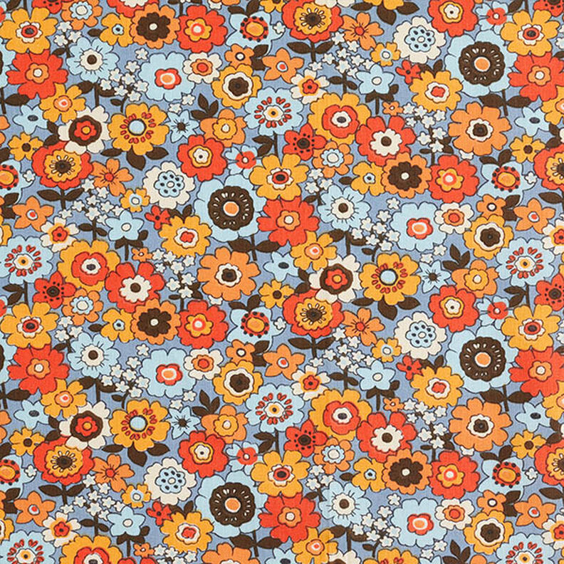 Tissu en coton Cretonne Fleurs multicolores – jean bleu clair/orange,  image number 1