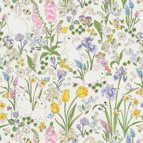 Tissu de décoration Semi-panama Lapins dans prairie fleurie – ivoire/rose clair, 