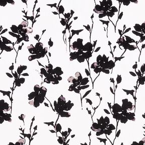 Tissu viscose imprimé floral abstrait – blanc/noir, 