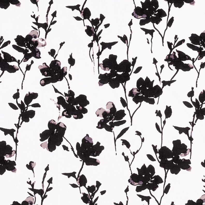 Tissu viscose imprimé floral abstrait – blanc/noir, image number 1