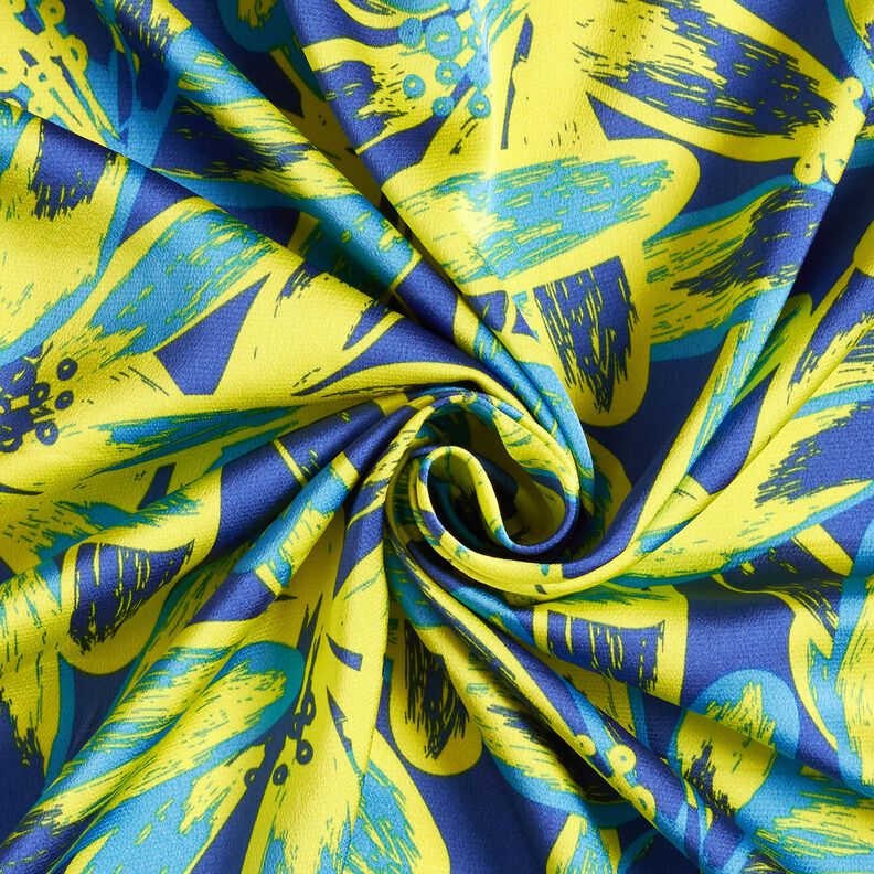 Crêpe satin grandes fleurs de camomille – indigo/jaune citron,  image number 3