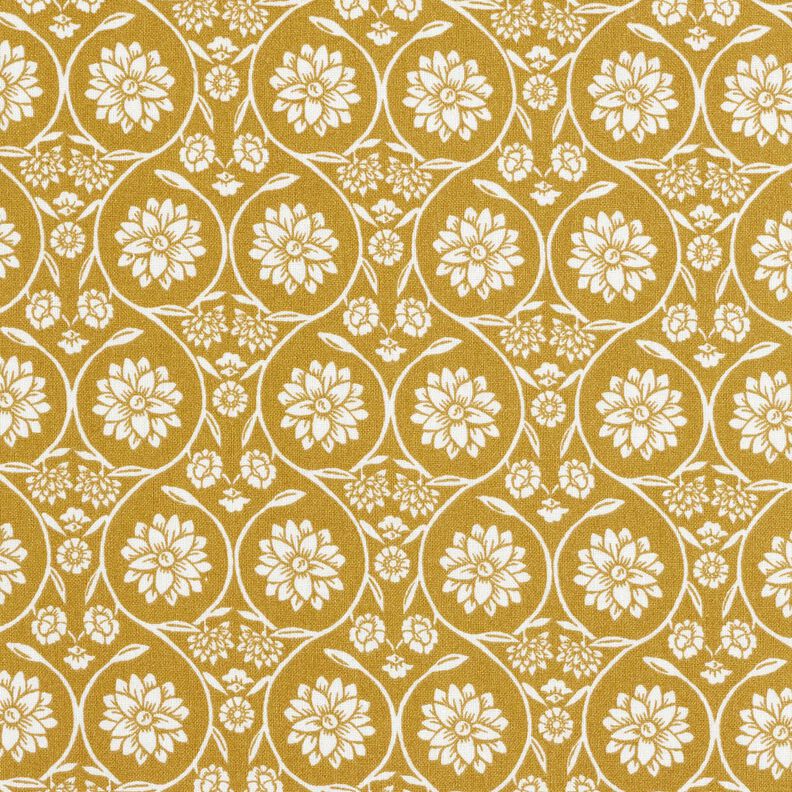 Tissu en coton Cretonne Fleurs et rameaux – moutarde/blanc, image number 1