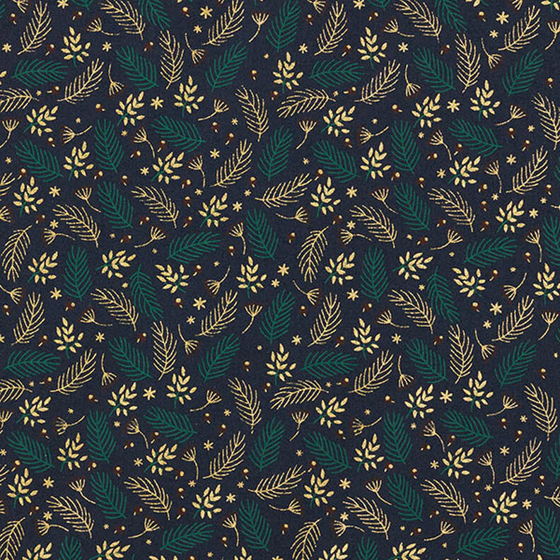 Tissu en coton Popeline Branches et baies – bleu nuit/or, image number 1