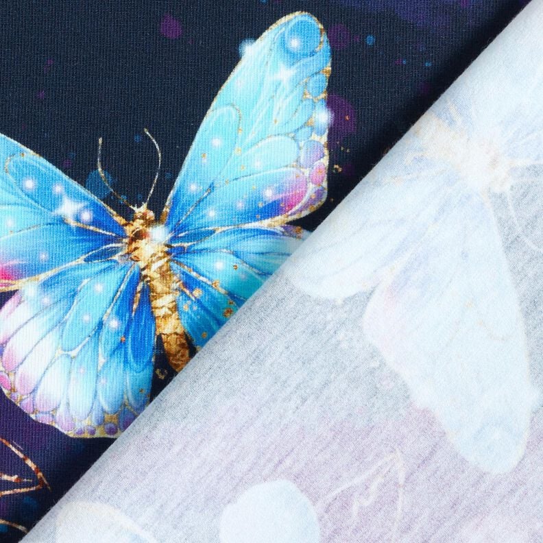 Jersey coton Papillons et fleurs scintillants | Glitzerpüppi  – bleu nuit/bleu glacier,  image number 4
