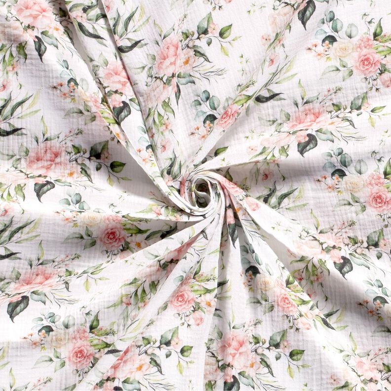 Tissu double gaze de coton Rameaux de roses aquarelle Impression numérique – blanc,  image number 3