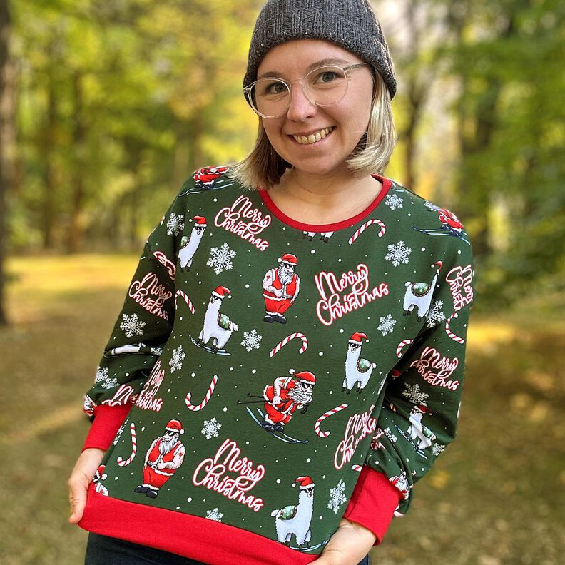 French Terry Sweat d’été Père Noël et lama | Glitzerpüppi – vert sapin/chili,  image number 5