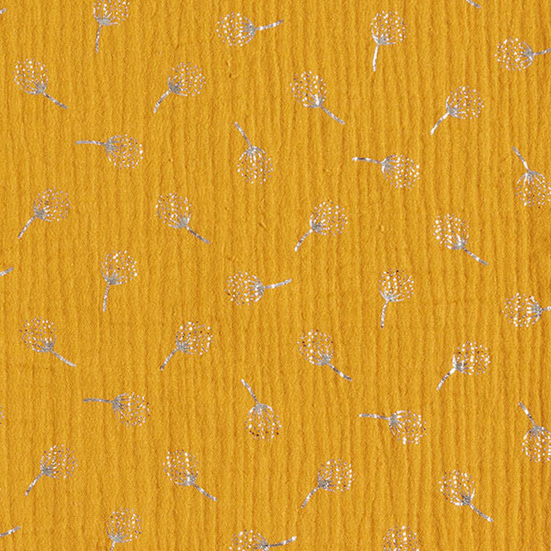 Tissu double gaze de coton Fleurs de pissenlit en paillettes – moutarde/argent,  image number 1