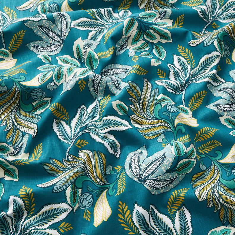 Tissu de décoration Panama Feuilles entrelacées – pétrole/moutarde,  image number 2